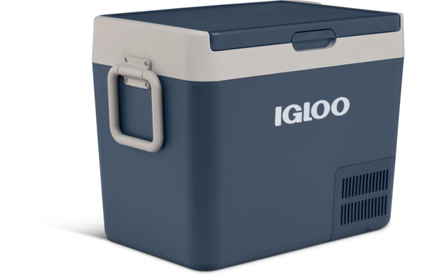Dunkelblaue Kühlbox mit weißem Deckel, seitlichem Griff, Schriftzug "IGLOO" auf der Seite und Lüftungsgitter