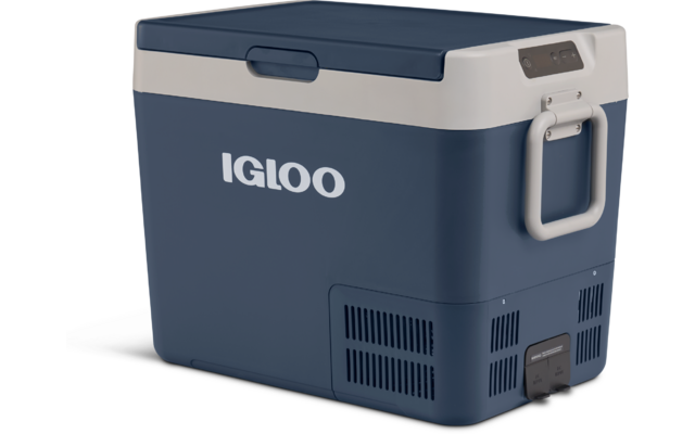 Blaue tragbare Kühlbox mit weißem Deckel, IGLOO-Schriftzug auf der Vorderseite und seitlichem Klappgriff