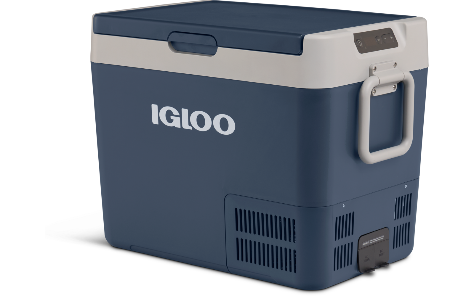 Blaue tragbare Kühlbox mit weißem Deckel, IGLOO-Schriftzug auf der Vorderseite und seitlichem Klappgriff