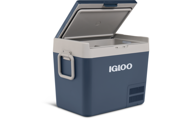 Blaue tragbare Kühlbox mit geöffnetem Deckel, hellgrauem Rand, Griff links, Schriftzug "IGLOO" vorne, leerer Innenraum und Lüftungsgitter unten rechts