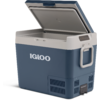 Blaue und graue Kühlbox mit geöffnetem Deckel, weiße Aufschrift "IGLOO", seitlicher Tragegriff und Bedienfeld