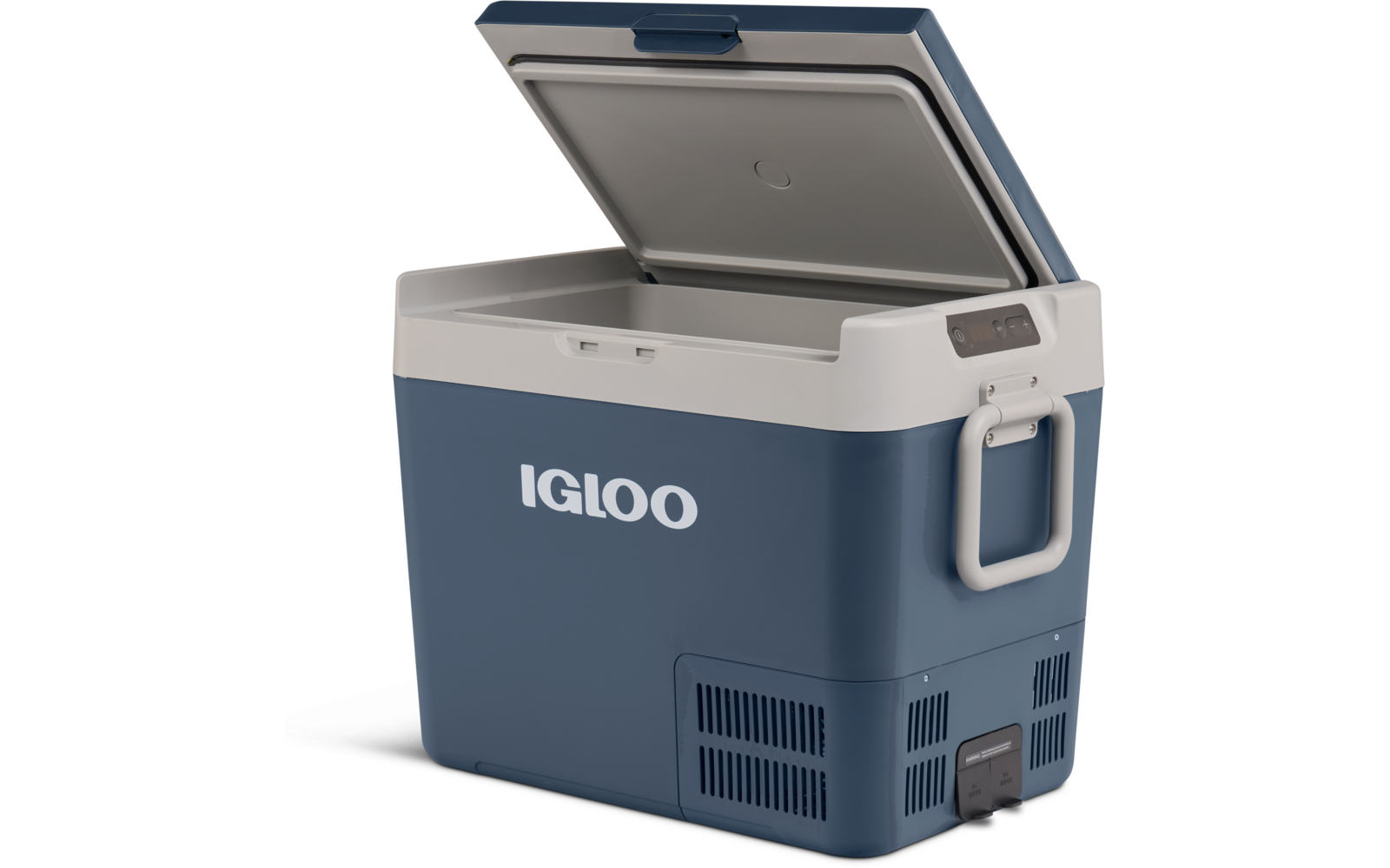 Blaue und graue Kühlbox mit geöffnetem Deckel, weiße Aufschrift "IGLOO", seitlicher Tragegriff und Bedienfeld