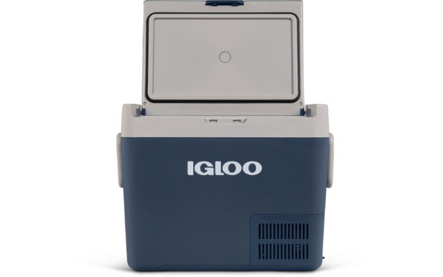 Offene blau-weiße Kühlbox mit sichtbarem Innenraum und Schriftzug 'IGLOO' auf der Vorderseite