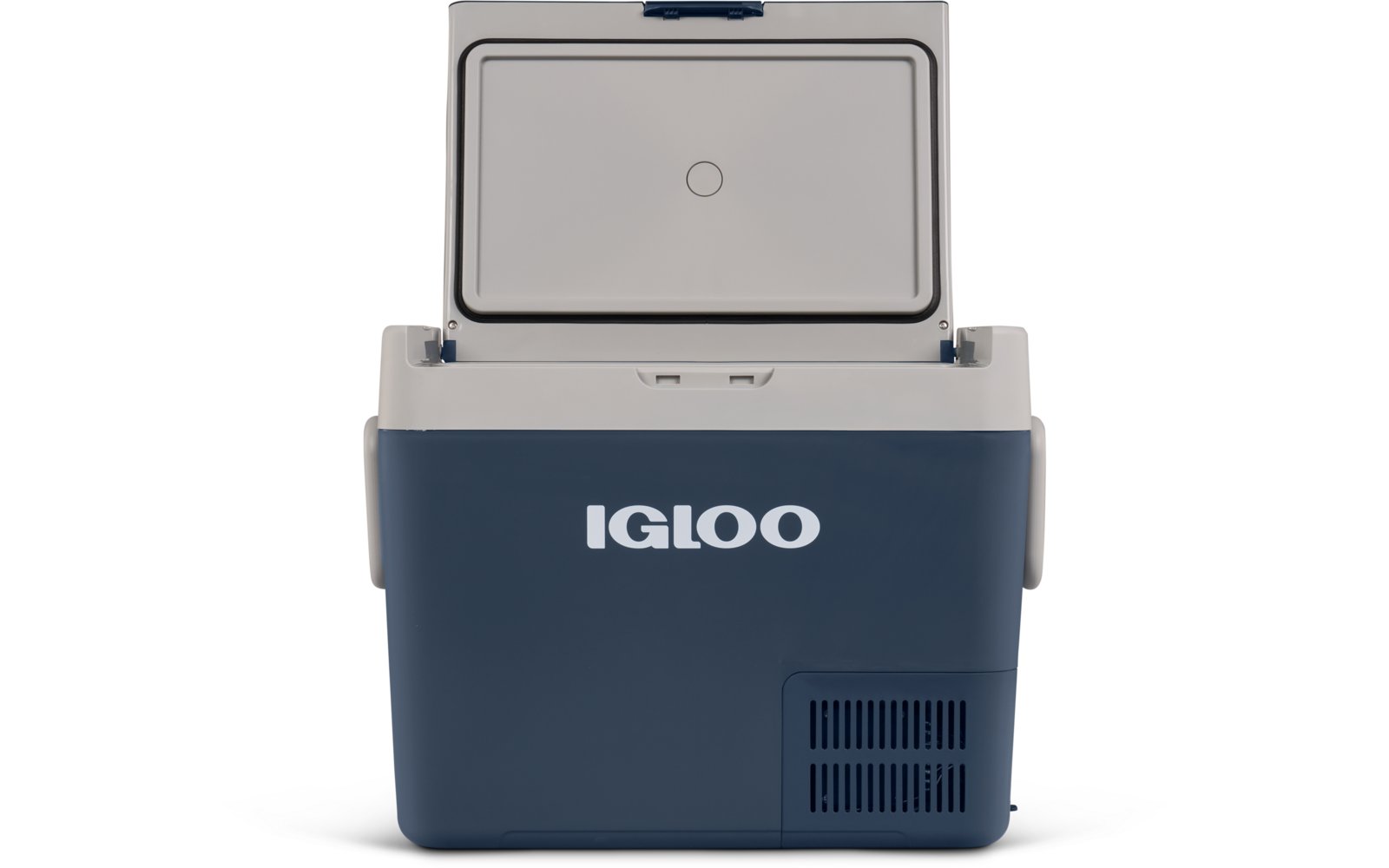 Offene blau-weiße Kühlbox mit sichtbarem Innenraum und Schriftzug 'IGLOO' auf der Vorderseite