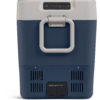 Frontansicht eines rechteckigen blau-weißen Behälters mit mittigem klappbarem Griff, Lüftungsschlitzen unten und digitaler Anzeige oben