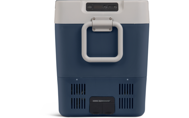 Frontansicht eines rechteckigen blau-weißen Behälters mit mittigem klappbarem Griff, Lüftungsschlitzen unten und digitaler Anzeige oben