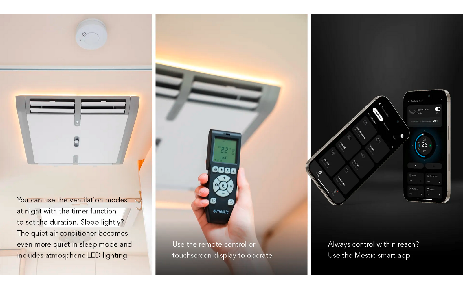 Dreiteiliges Bild: links an der Decke ein quadratisches Lüftungsgerät mit Lamellen und umlaufender LED-Beleuchtung sowie ein Rauchmelder darüber; Mitte eine Hand hält eine Fernbedienung vor eine Nahaufnahme der Lüftungsöffnung; rechts zwei Smartphone
