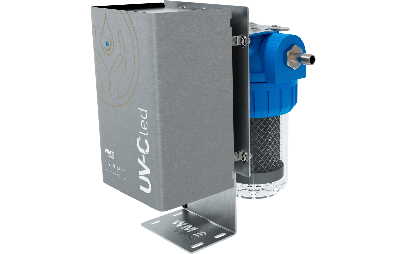 Graues Metallgerät mit blauem Wasserfilter