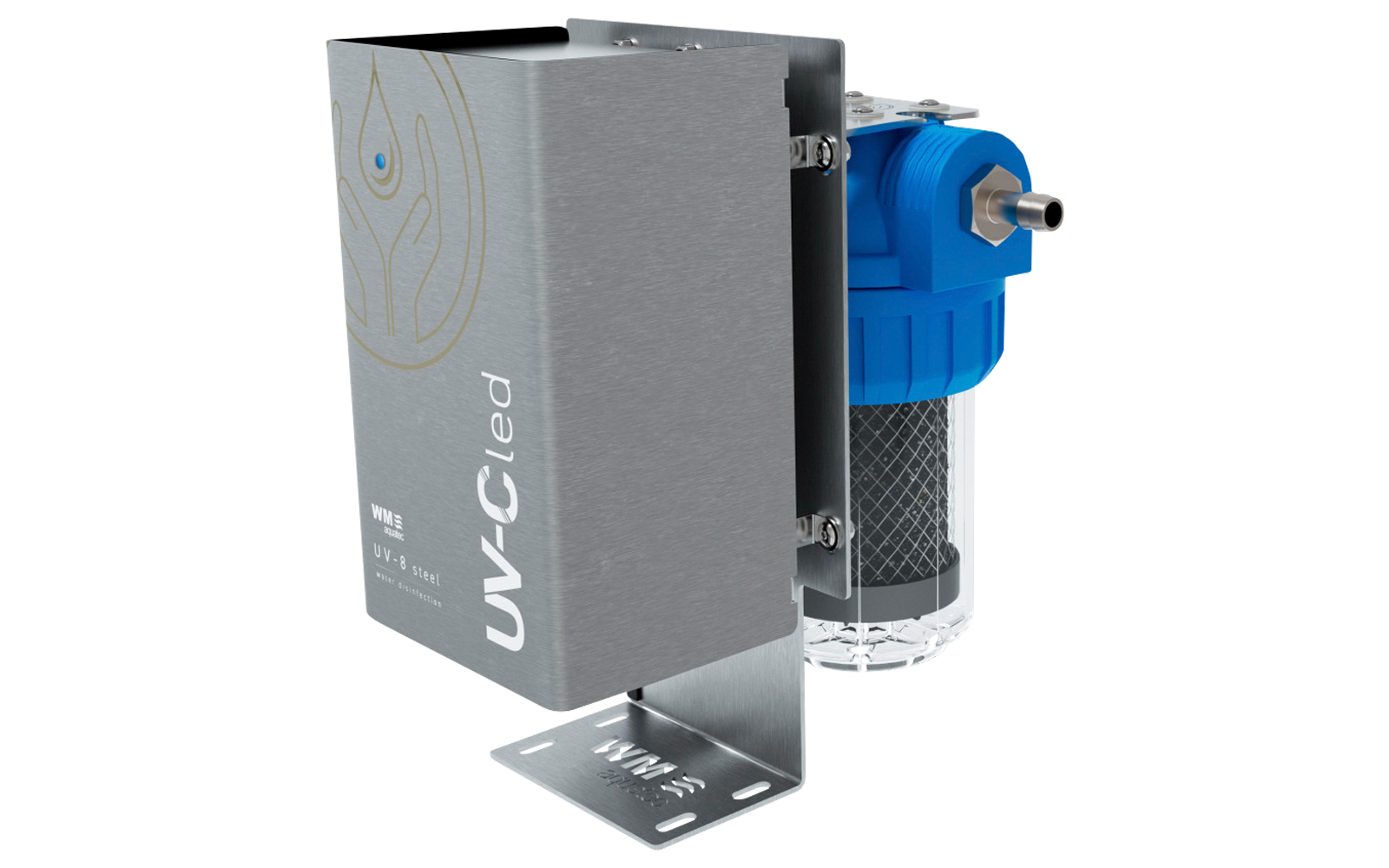 Graues Metallgerät mit blauem Wasserfilter