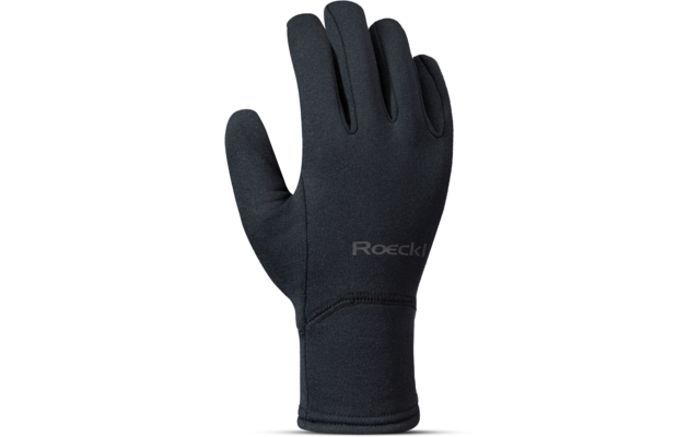 Zwarte handschoen met vijf vingers, zichtbare naden, verlengde manchet en "Roeckl"-logo op witte achtergrond