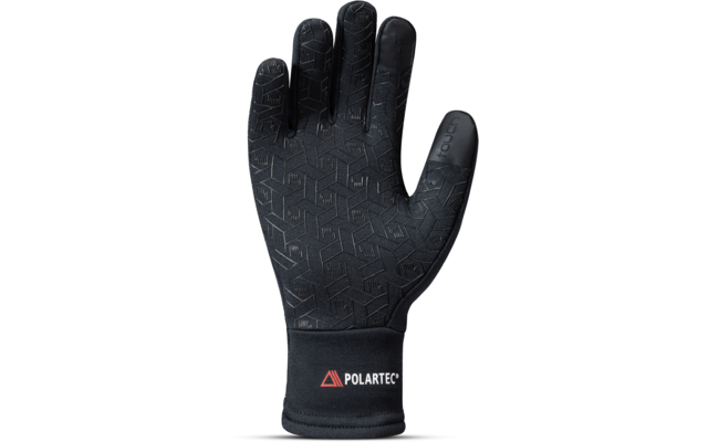 Zwarte handschoen met handpalm naar voren, geperst geometrisch patroon, POLARTEC-logo op de manchet, witte achtergrond