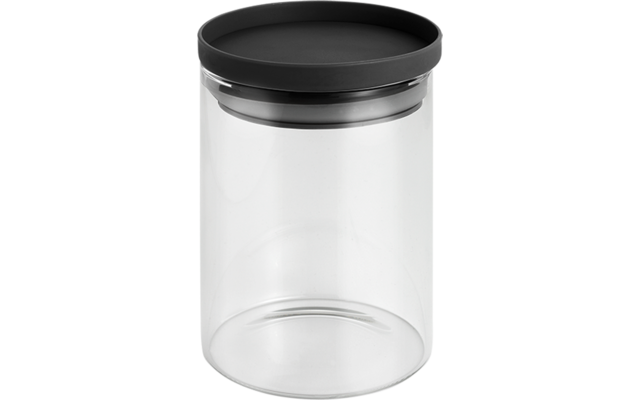 Een doorzichtige glazen pot met een zwarte deksel