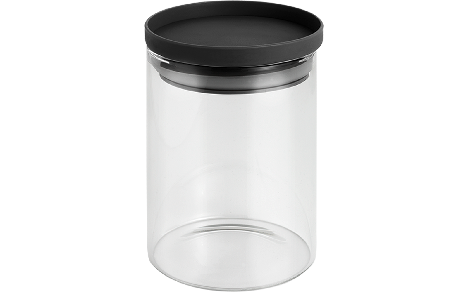 Een doorzichtige glazen pot met een zwarte deksel
