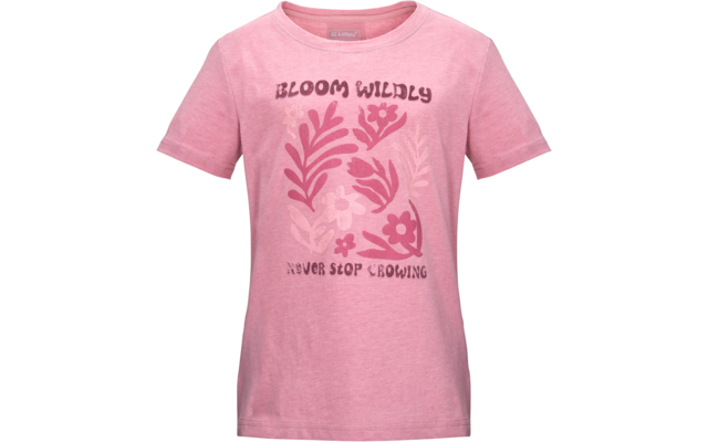 Rosa kurzärmeliges T-Shirt mit floralem Druck und den Texten 'BLOOM WILDLY' oben und 'NEVER STOP GROWING' unten