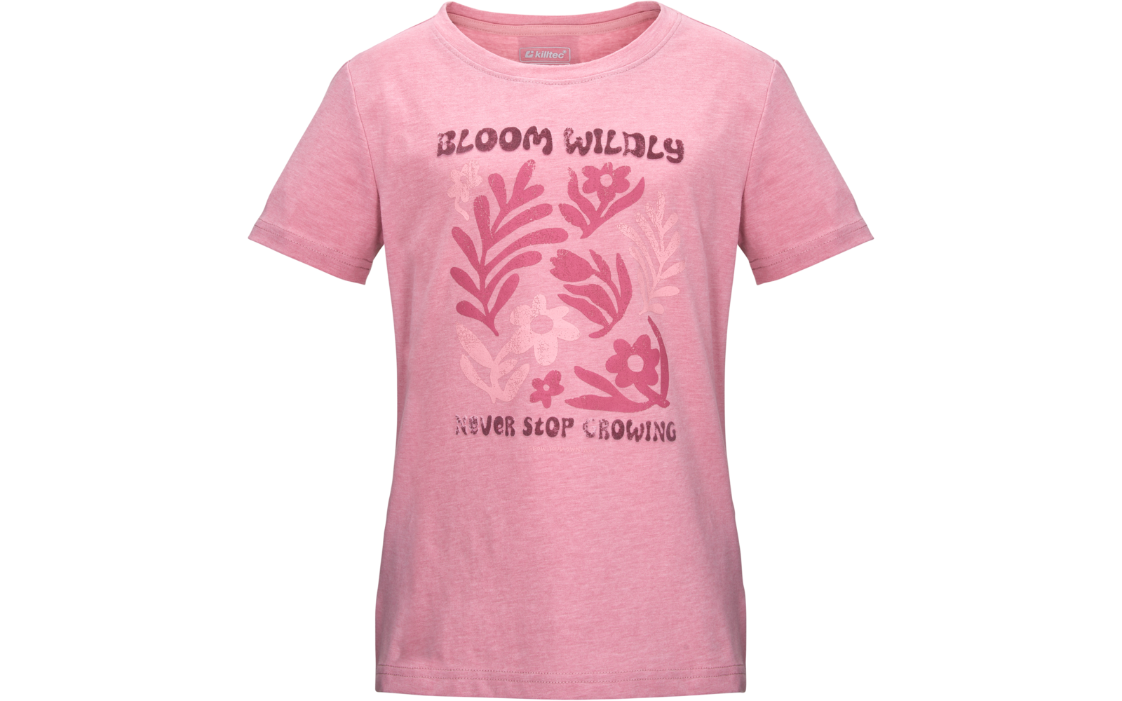 Rosa kurzärmeliges T-Shirt mit floralem Druck und den Texten 'BLOOM WILDLY' oben und 'NEVER STOP GROWING' unten