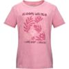 Rosa kurzärmeliges T-Shirt mit floralem Druck und den Texten 'BLOOM WILDLY' oben und 'NEVER STOP GROWING' unten