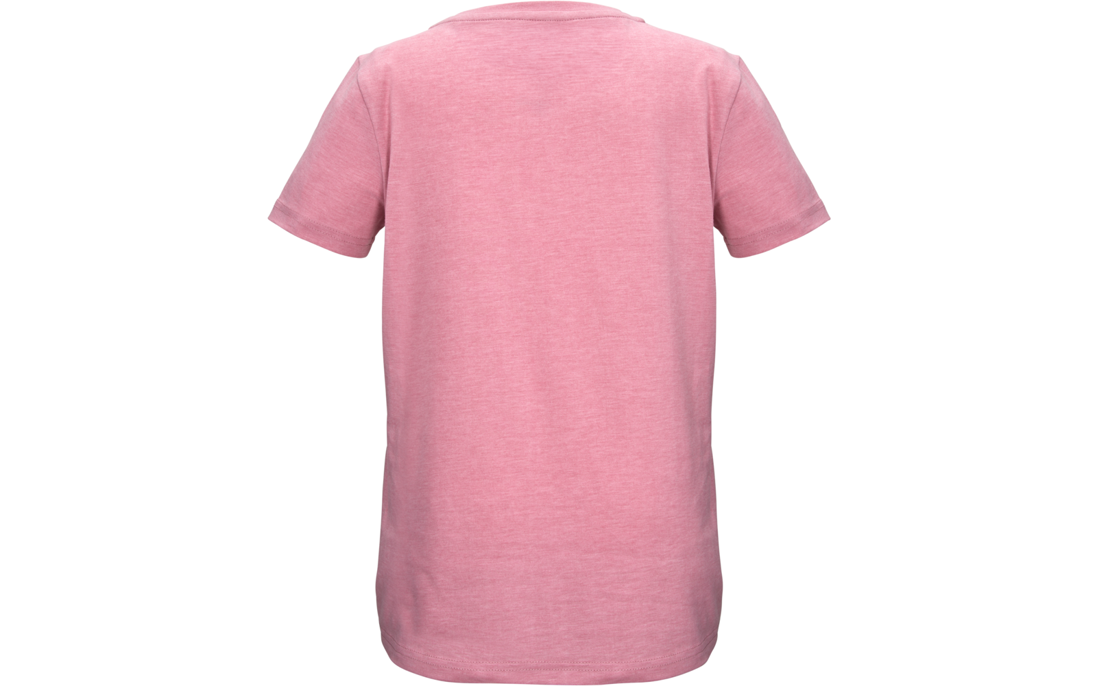 Rückansicht eines einfarbigen rosa T-Shirts mit kurzen Ärmeln und Rundhalsausschnitt auf weißem Hintergrund