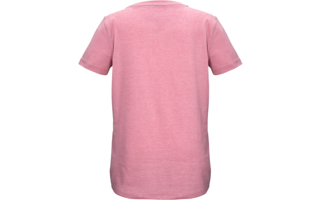 Rückansicht eines einfarbigen rosa T-Shirts mit kurzen Ärmeln und Rundhalsausschnitt auf weißem Hintergrund