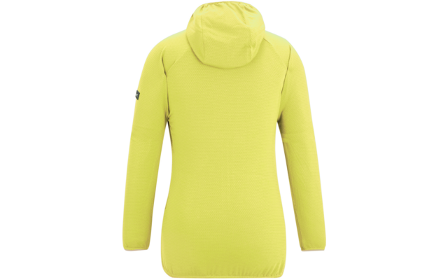 Rückenansicht einer hellgrün-gelben Kapuzenjacke mit langen Ärmeln und Logoaufnäher am linken Ärmel