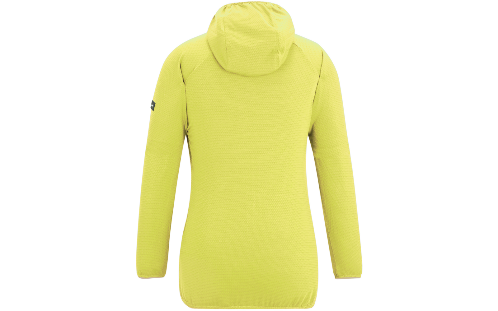 Rückenansicht einer hellgrün-gelben Kapuzenjacke mit langen Ärmeln und Logoaufnäher am linken Ärmel