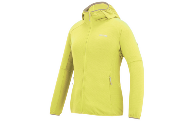 Hellgrüne Kapuzenjacke mit durchgehendem Reißverschluss, sichtbarem Reißverschluss an einer Seitentasche, langen Ärmeln, weißem Hintergrund