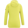 Rückenansicht einer hellgrün-gelben Kapuzenjacke mit langen Ärmeln und Logoaufnäher am linken Ärmel