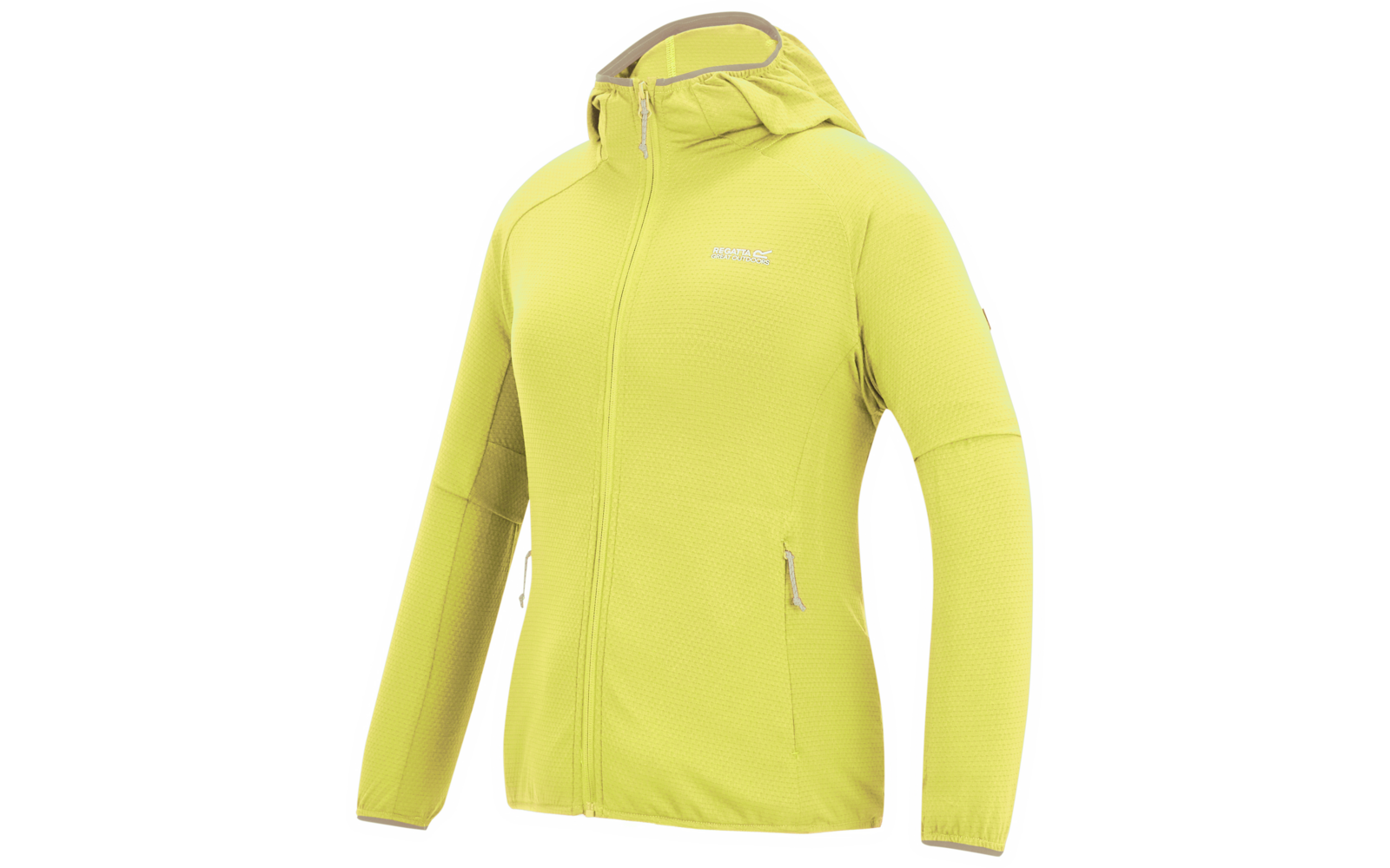 Hellgrüne Kapuzenjacke mit durchgehendem Reißverschluss, sichtbarem Reißverschluss an einer Seitentasche, langen Ärmeln, weißem Hintergrund