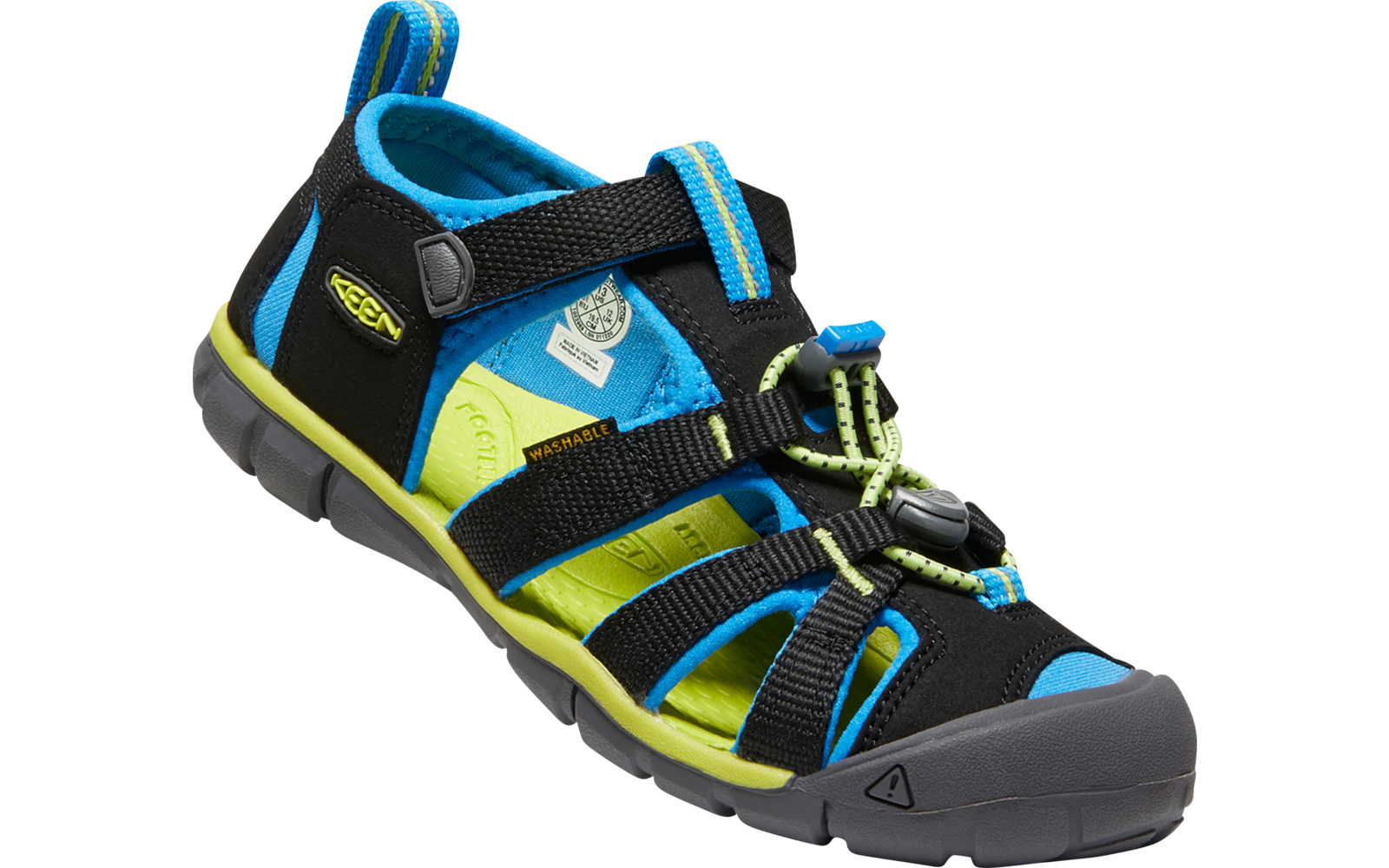 Sandale de sport noire, bleue et jaune avec une fermeture velcro