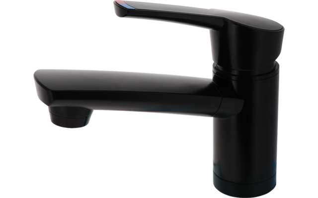Rubinetto monocomando nero con base cilindrica e bocca piatta