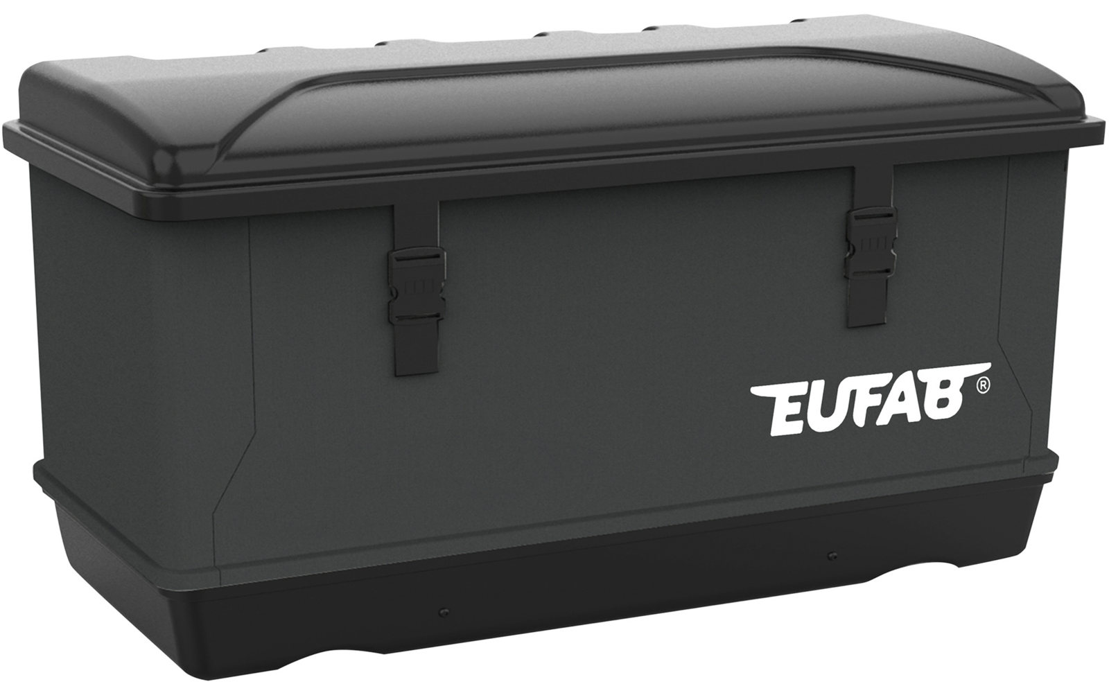 Dunkelgraue Box mit Deckel, zwei vorderen Verschlüssen und weißem 'EUFAB'-Schriftzug
