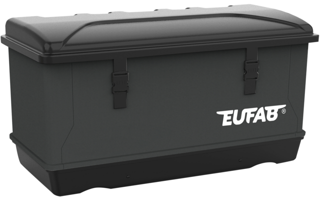 Dunkelgraue Box mit Deckel, zwei vorderen Verschlüssen und weißem 'EUFAB'-Schriftzug