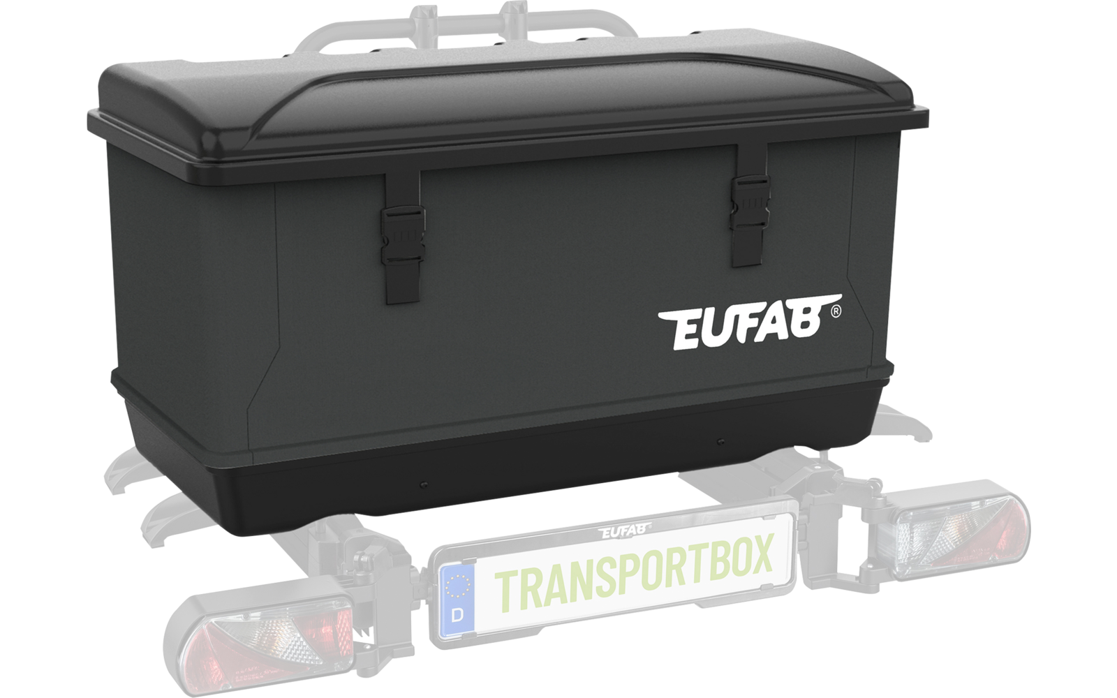 Dunkelgraue Transportbox mit zwei Verschlüssen und weißem "EUFAB"-Logo; darunter Heckleuchten und ein Kennzeichen mit der Aufschrift "TRANSPORTBOX"