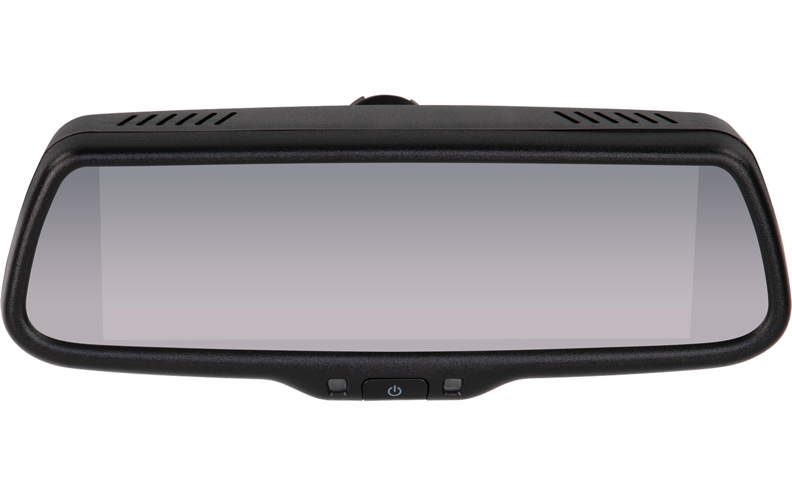 Rechteckiger Rückspiegel mit schwarzem Rahmen und zwei kleinen Tasten an der Unterkante