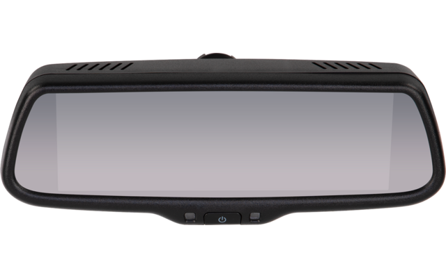 Rechteckiger Rückspiegel mit schwarzem Rahmen und zwei kleinen Tasten an der Unterkante