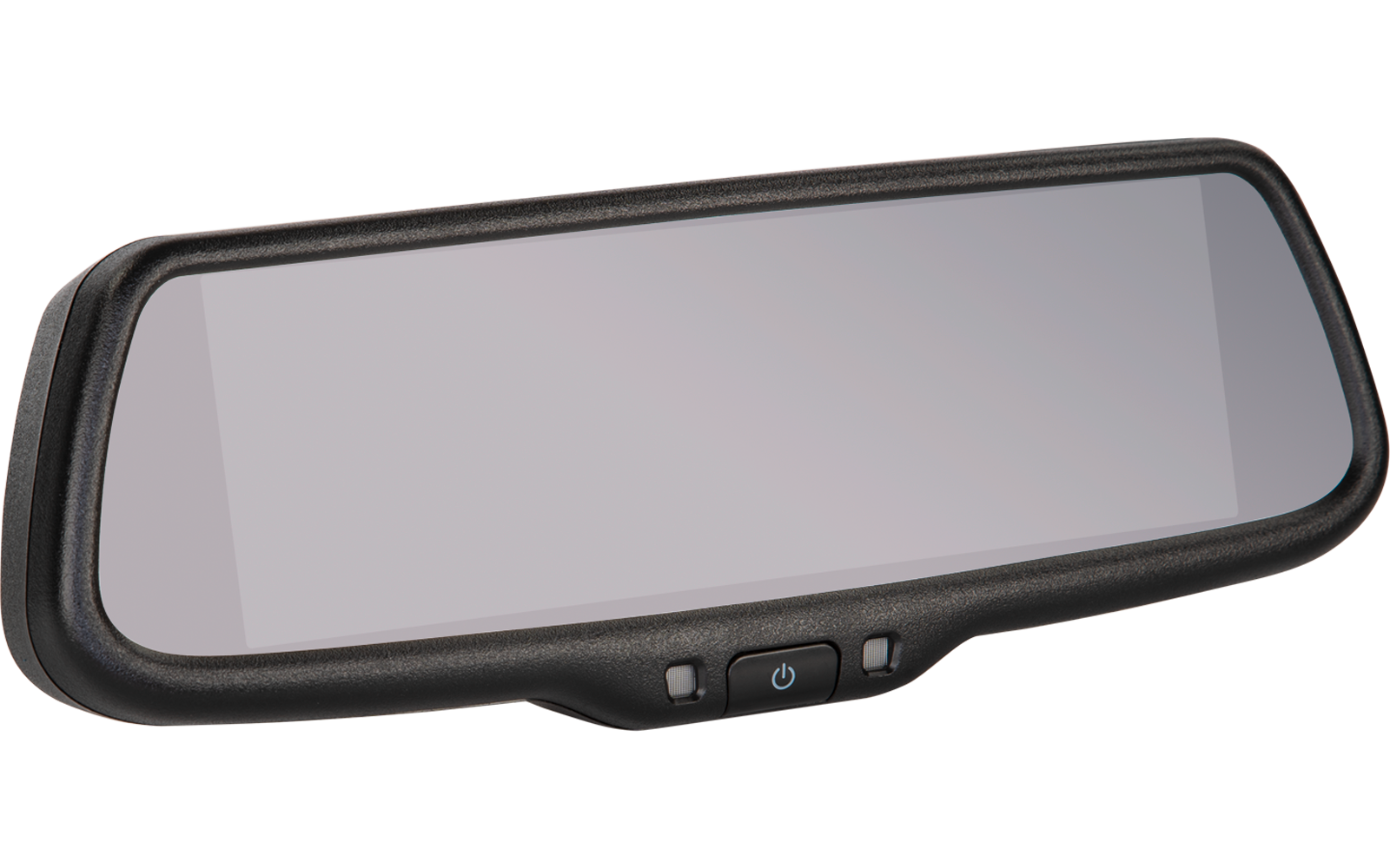 Innenspiegel mit rechteckiger Spiegelfläche, schwarzem Kunststoffrahmen und zwei Tasten an der Unterkante