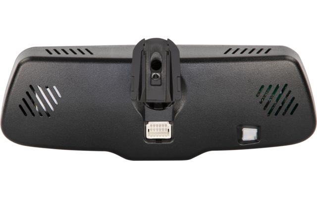 Schwarzes, rechteckiges spiegelähnliches Gerät mit mittiger Befestigungsbrücke, links und rechts Lüftungsschlitze, zentraler weißer Steckverbinder unten, kleiner quadratischer Knopf rechts