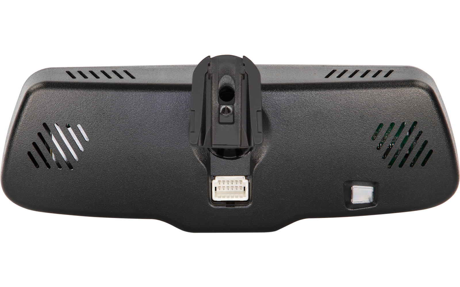 Schwarzes, rechteckiges spiegelähnliches Gerät mit mittiger Befestigungsbrücke, links und rechts Lüftungsschlitze, zentraler weißer Steckverbinder unten, kleiner quadratischer Knopf rechts