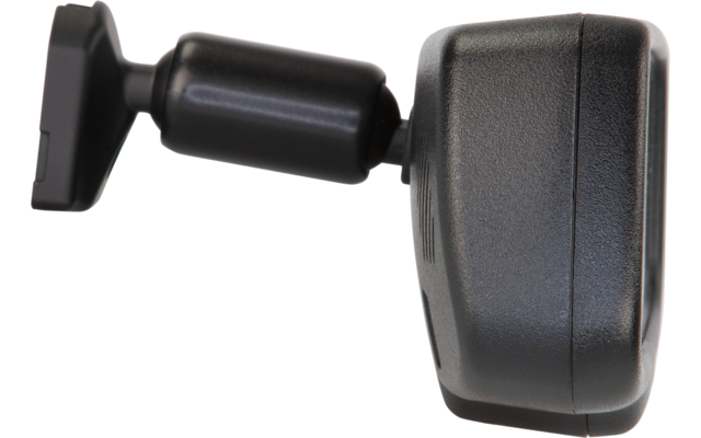 Schwarzes Gerät mit abgerundet-rechteckigem Gehäuse und kugelgelenkiger Halterung