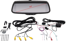 Rückspiegelmonitor mit schwarzem Rahmen und roter Diagonalmessung "7.2\"", mehrere gebündelte Kabel mit farbigen Leitungen, drei gelbe RCA-Stecker, schwarzer Montagebügel, kleine Schrauben und Clips, kleines rundes schwarzes Teil mit Kabel