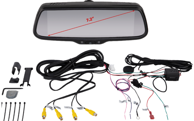 Rückspiegelmonitor mit schwarzem Rahmen und roter Diagonalmessung "7.2\"", mehrere gebündelte Kabel mit farbigen Leitungen, drei gelbe RCA-Stecker, schwarzer Montagebügel, kleine Schrauben und Clips, kleines rundes schwarzes Teil mit Kabel
