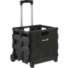 Caisse pliable en plastique noir avec poignée télescopique extensible, deux roues et logo keeper