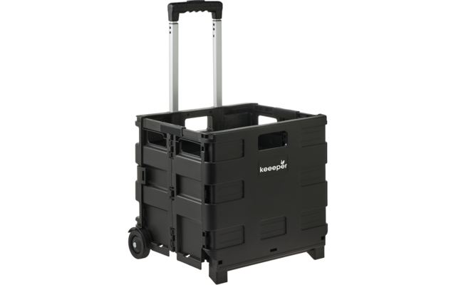 Caisse pliable en plastique noir avec poignée télescopique extensible, deux roues et logo keeper