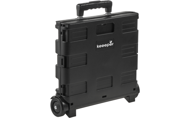 Boîte rectangulaire noire en plastique avec poignée supérieure, deux roues en bas et le logo keeeper sur fond blanc