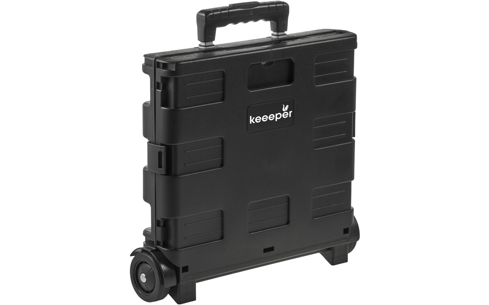 Boîte rectangulaire noire en plastique avec poignée supérieure, deux roues en bas et le logo keeeper sur fond blanc