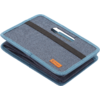 Geschlossenes, blaues Etui mit Reißverschluss und braunem Label