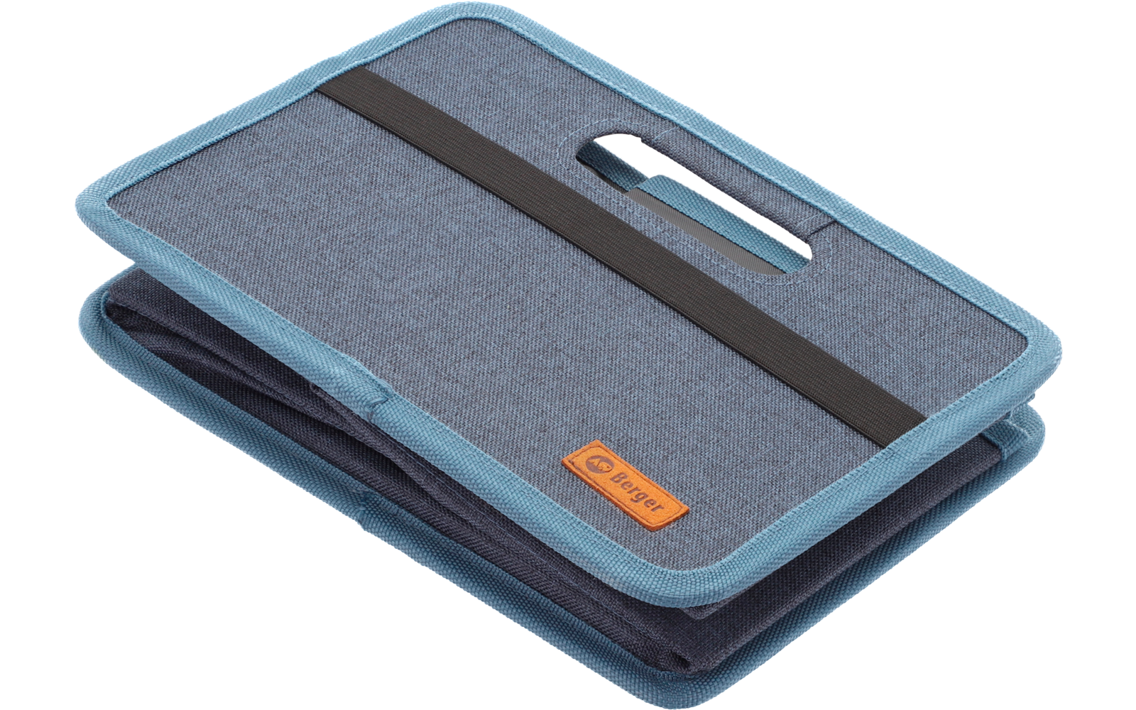 Geschlossenes, blaues Etui mit Reißverschluss und braunem Label