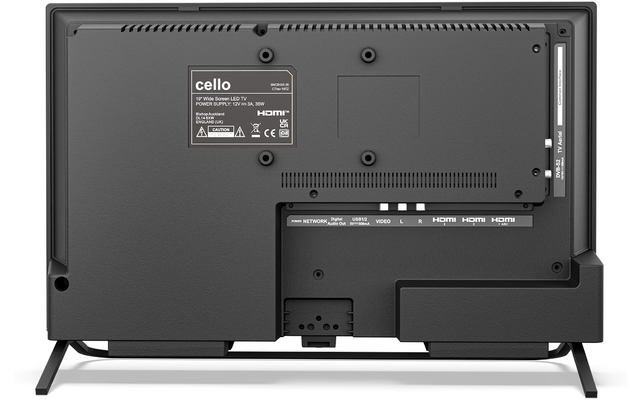 Zwarte achterkant van een rechthoekig scherm op pootjes, label 'cello', poorten (HDMI, USB), ventilatieopeningen, montagegaten