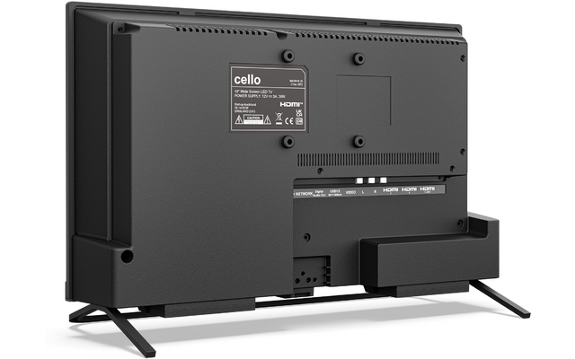 Achteraanzicht van een kleine zwarte televisie op twee poten, zichtbaar etiket met 'cello', ventilatieopeningen, meerdere aansluitingen (HDMI, USB) en een rechthoekig bevestigd onderdeel rechtsonder