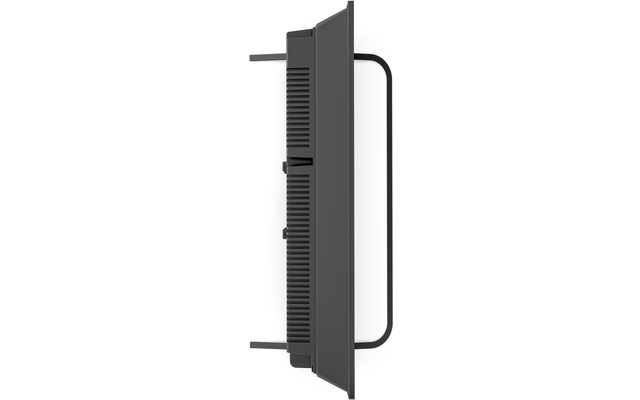 Zijaanzicht van een plat scherm met ventilatiesleuven, twee zijknoppen en een gebogen metalen standaard
