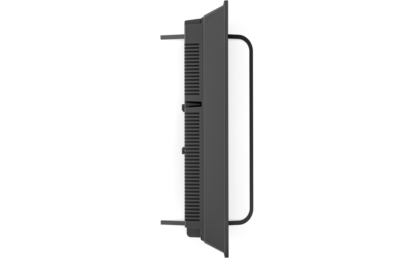 Zijaanzicht van een plat scherm met ventilatiesleuven, twee zijknoppen en een gebogen metalen standaard